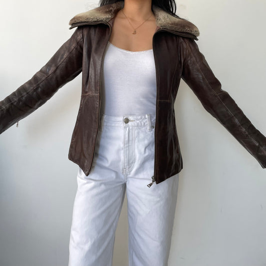 Danier Brown Fur Trim Zip Up Leather Jacket - X-Small/Small