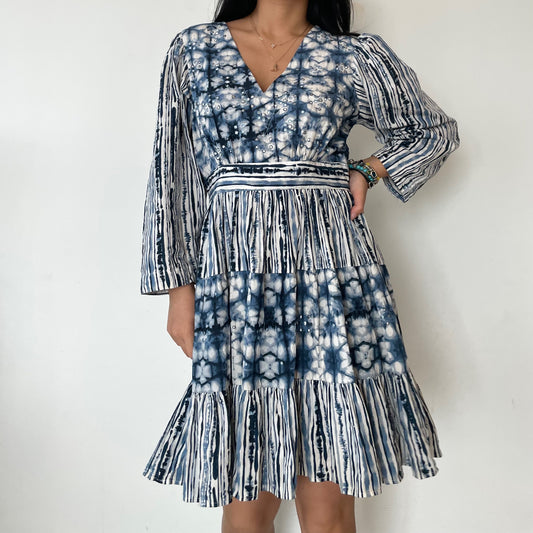 Anthropologie Not So Serious by Pallavi Mohan Blue and White Tie Dye Effect Long Sleeve Mini Dress - Small