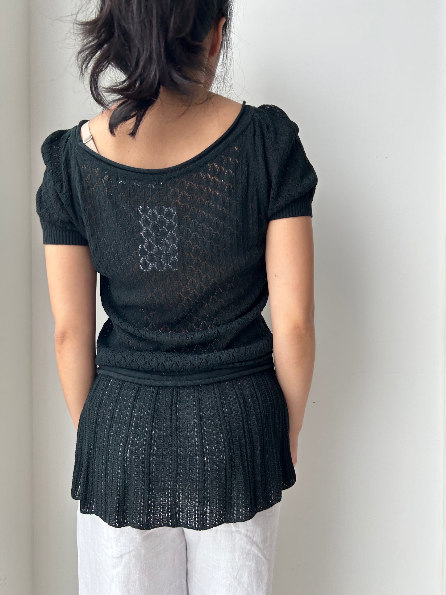 Black Pointelle Knit Tunic Top - Medium