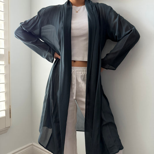 Eileen Fisher Dark Teal Silk Open Front Longline Cardigan - Medium