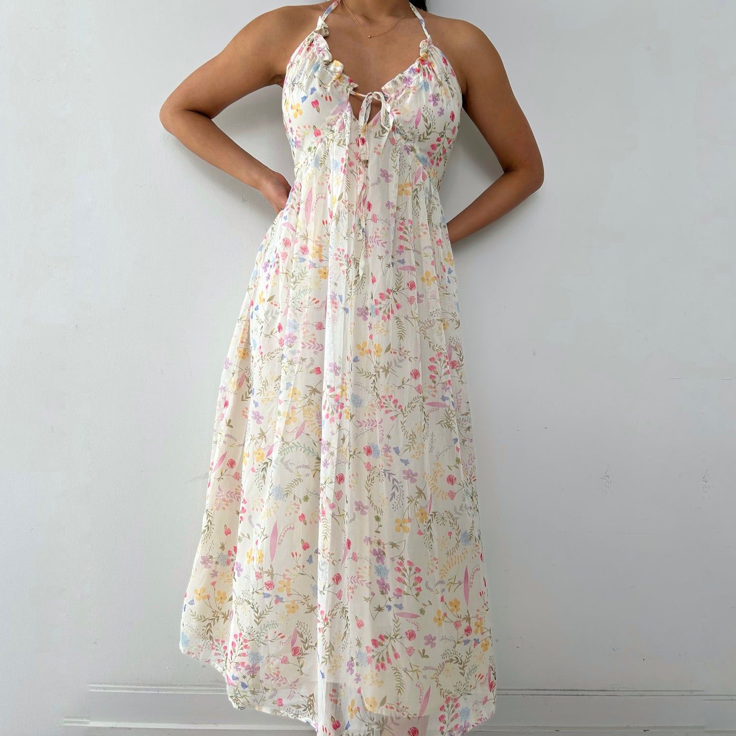 Cream Floral Maxi Halter Dress - Medium