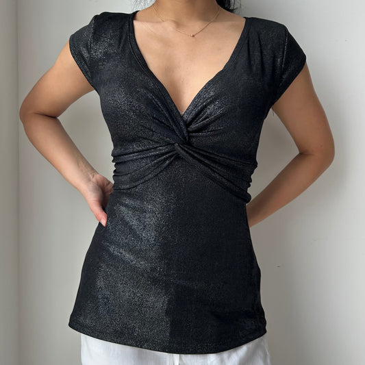Vintage 90s Made in Canada Black Metallic V-Neck Top - Medium