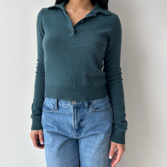 Wilfred Teal Long Sleeve Cropped Polo 100% Cashmere Sweater - Small