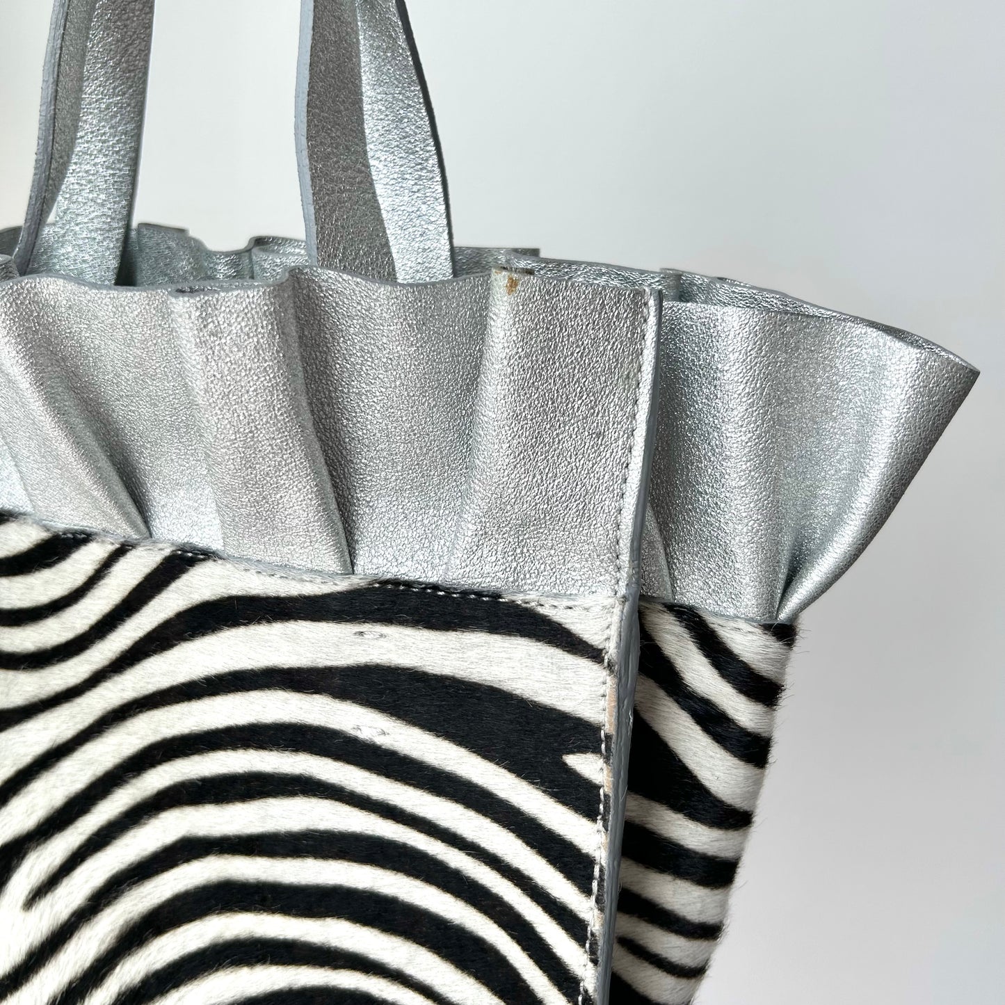 Lia Numa Silver Ruffle and Zebra Calf Hair Crossbody Bag