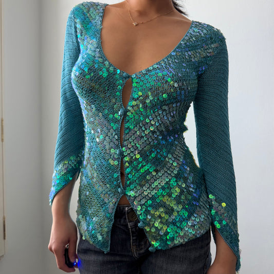Turquoise Sequin Knit Cardigan - X-Small