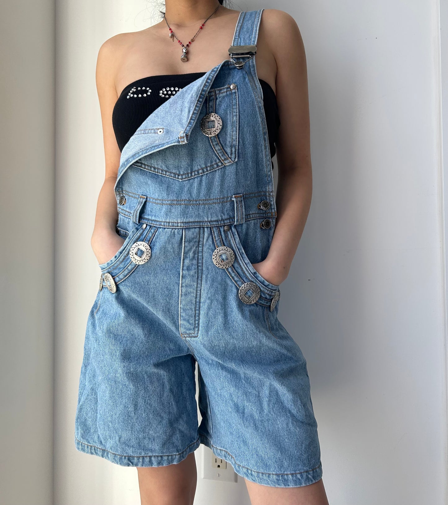 Concho Button Denim Short Overalls - Small
