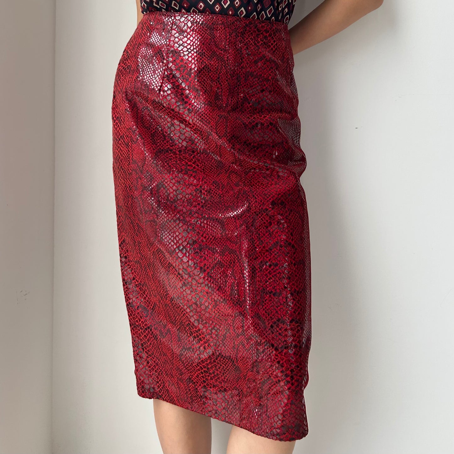 Danier Red Snake-Embossed Leather Pencil Skirt - Medium