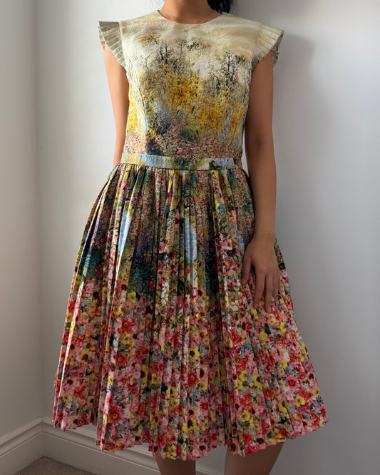 Couturissimo By Michael Cinco Green Floral Pleated Dress - Medium