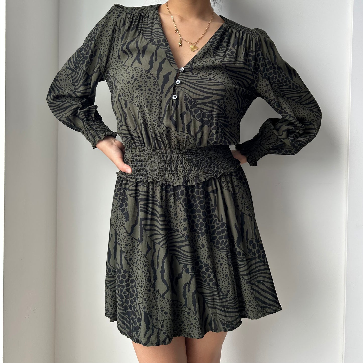 Rails Olive Green and Black Animal Print Long Sleeve Mini Dress - Small