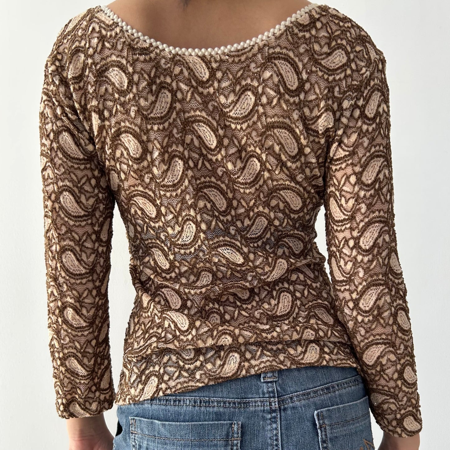 Brown Paisley Lace Overlay Long Sleeve Top - Medium