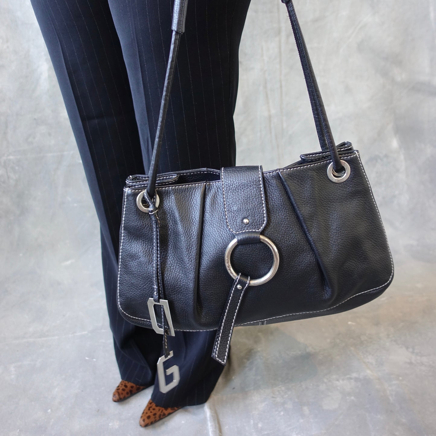 Dolce and Gabbana Black Leather O-Ring Shoulder Bag