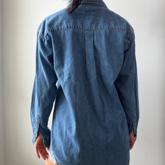 1990s Indigo Blues Embroidered Denim Shirt - Small
