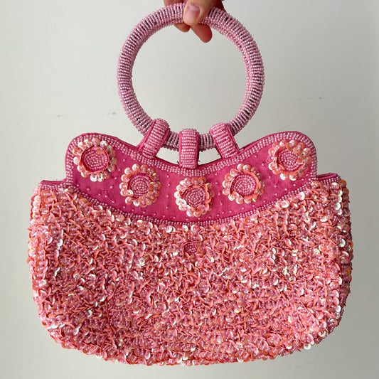 Pink Beaded Sequin Floral Top Handle Bag