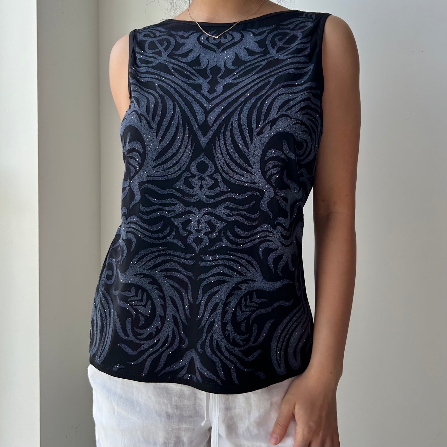 90s Made in Canada Black Sleeveless Textured Swirl Top - Large