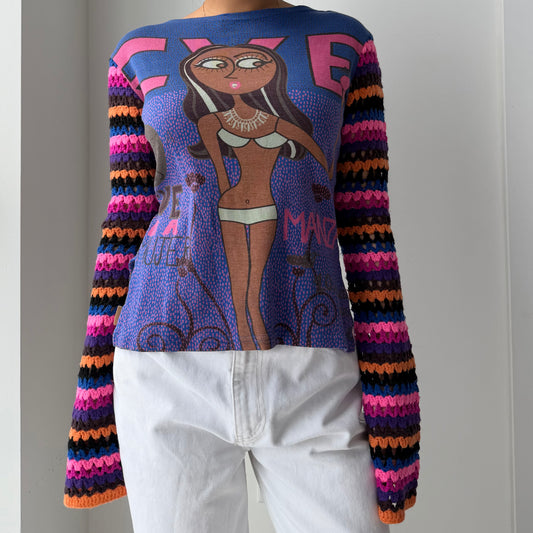 Custo Barcelona Blue Graphic Knit Long Sleeve Tee - Large