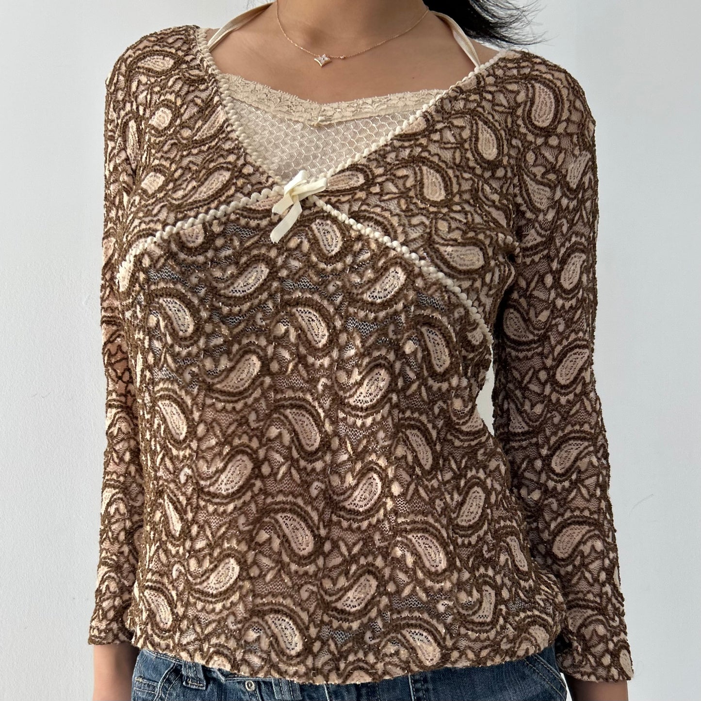 Brown Paisley Lace Overlay Long Sleeve Top - Medium