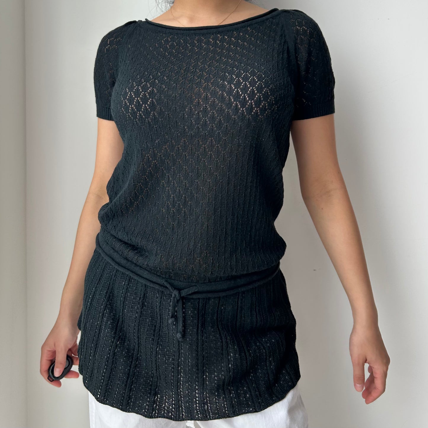Black Pointelle Knit Tunic Top - Medium