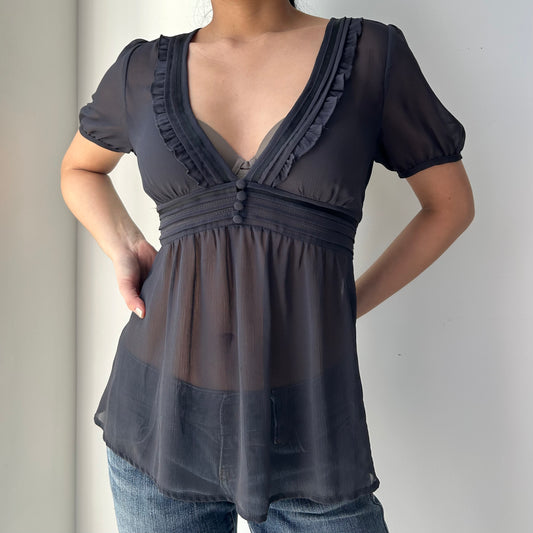 RW & CO. Grey Short Sleeve Sheer Babydoll Blouse - Small