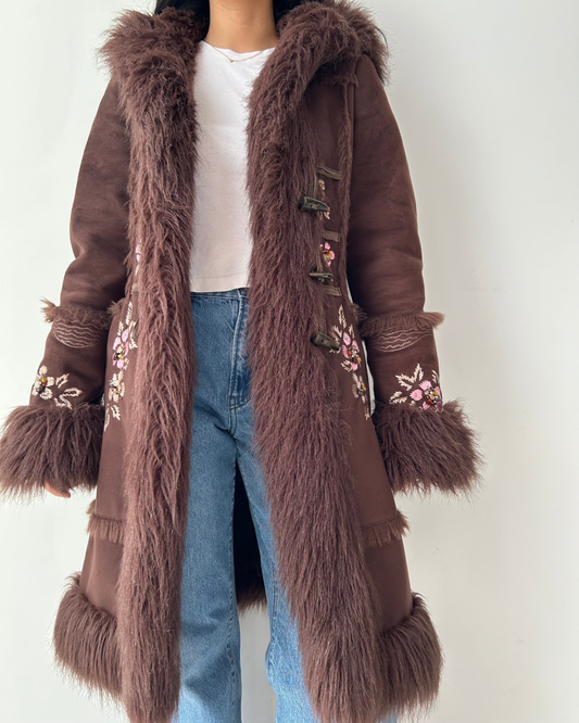 Aldo Brown Faux Shearling Embroidered Penny Lane Coat - Small