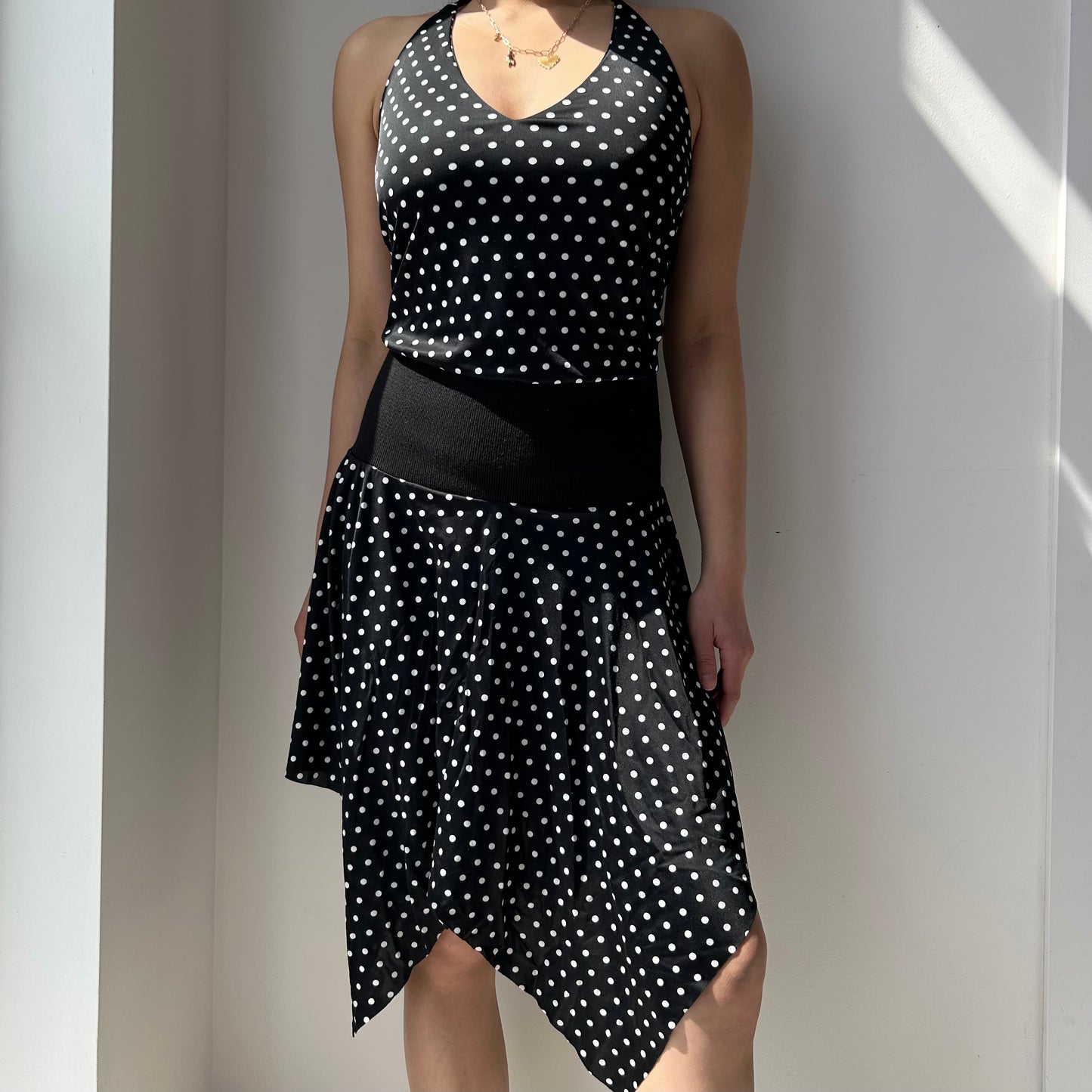 Vintage 90s Black and White Polka Dot Halter Handkerchief Dress - Small