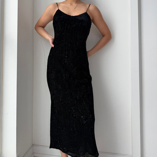 Vintage 90s Whistles Black Silk Burnout Velvet Dress - Small