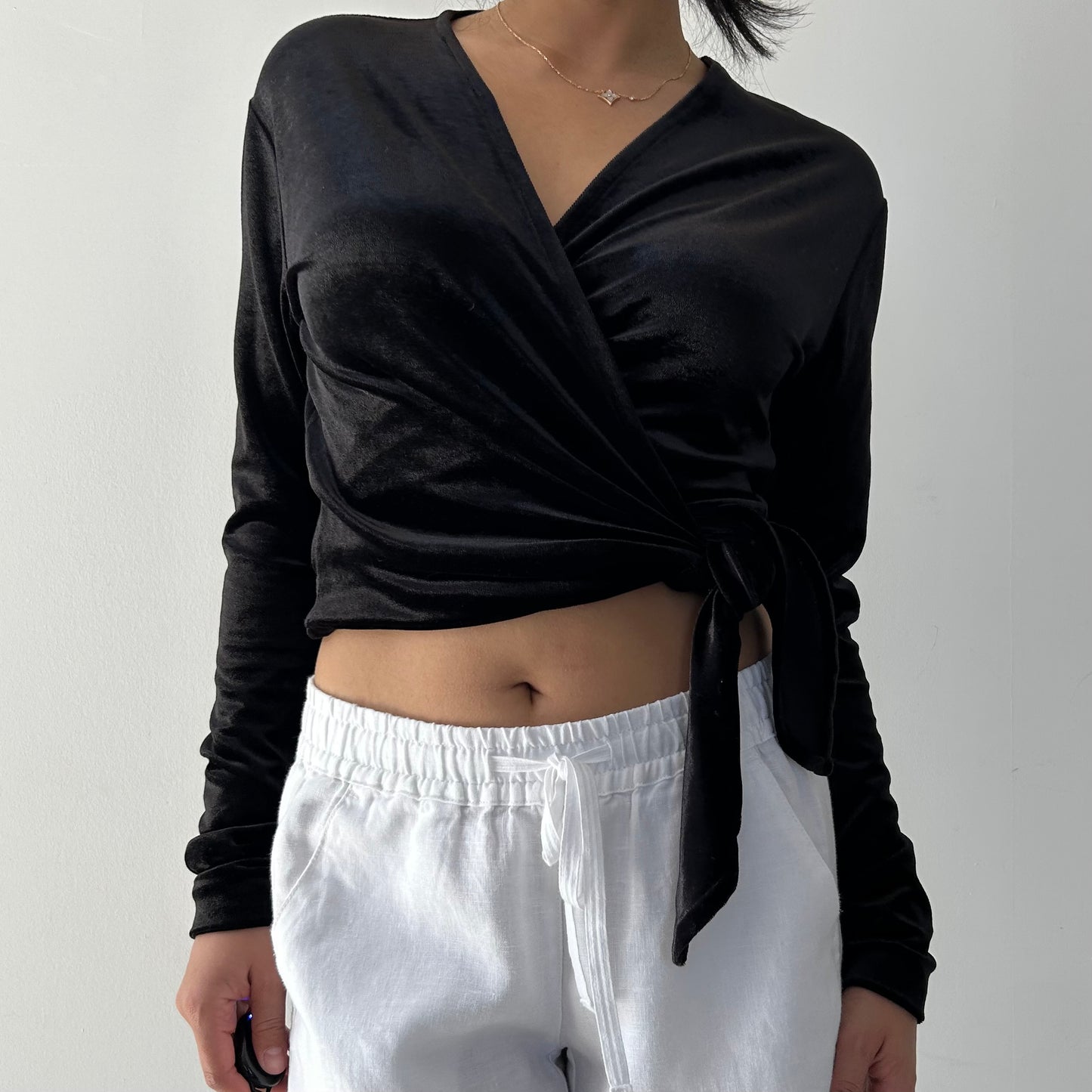 Sisley Black Velvet Long Sleeve Wrap Top - Small