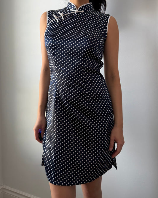 Navy Polka Dot Sleeveless Silk Cheongsam - Small