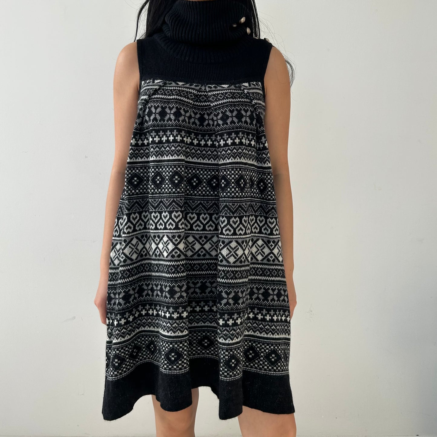 BNWT Jill Stuart Black Angora and Wool Blend Fair Isle Knit Sleeveless Dress - Medium
