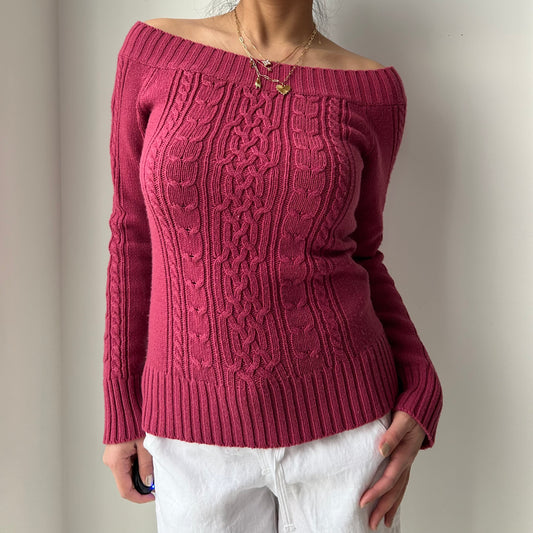 Raspberry Pink Cable Knit Off Shoulder Long Sleeve Top - X-Small