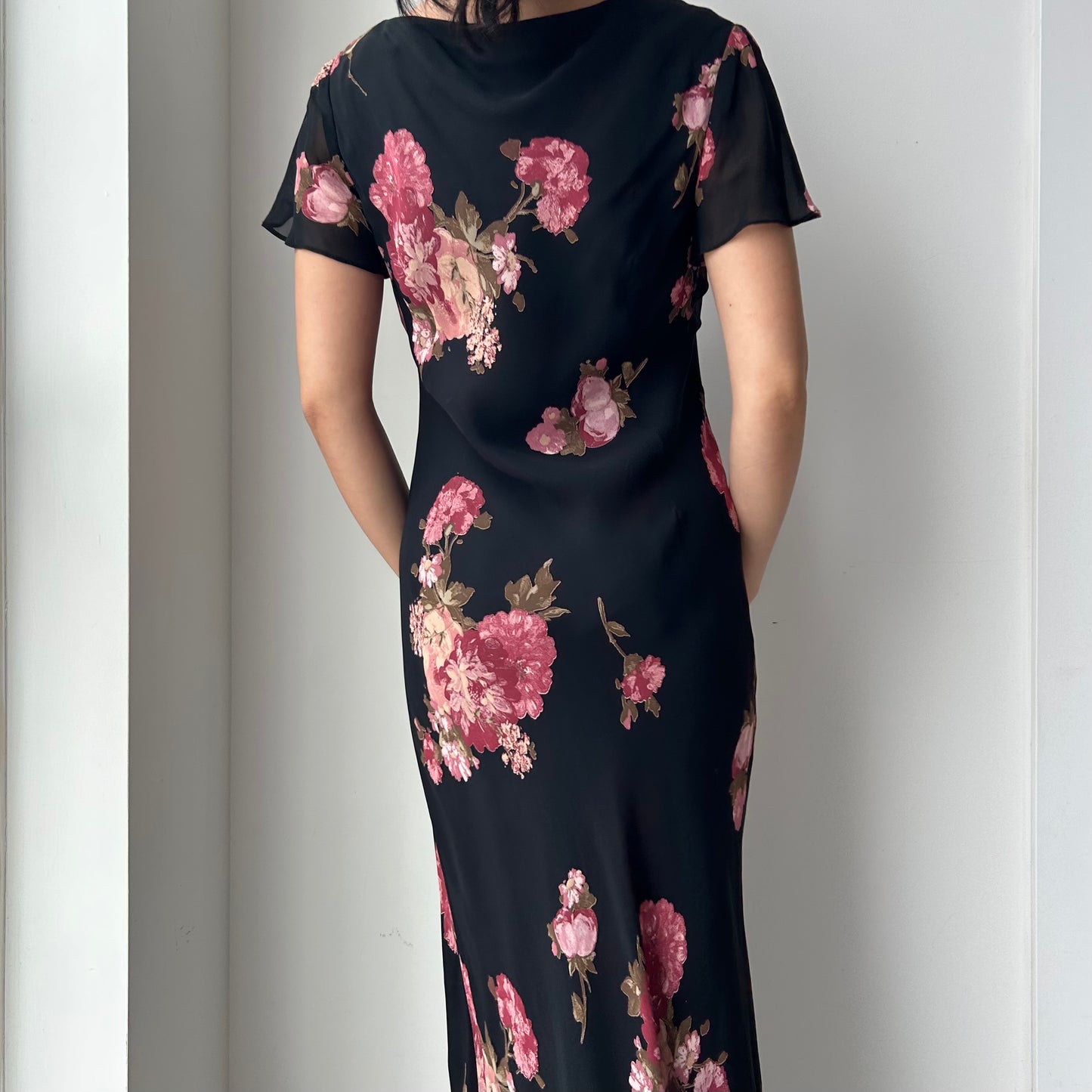 Vintage 90s Made in USA Talbots Black Floral Midi Dress - Medium