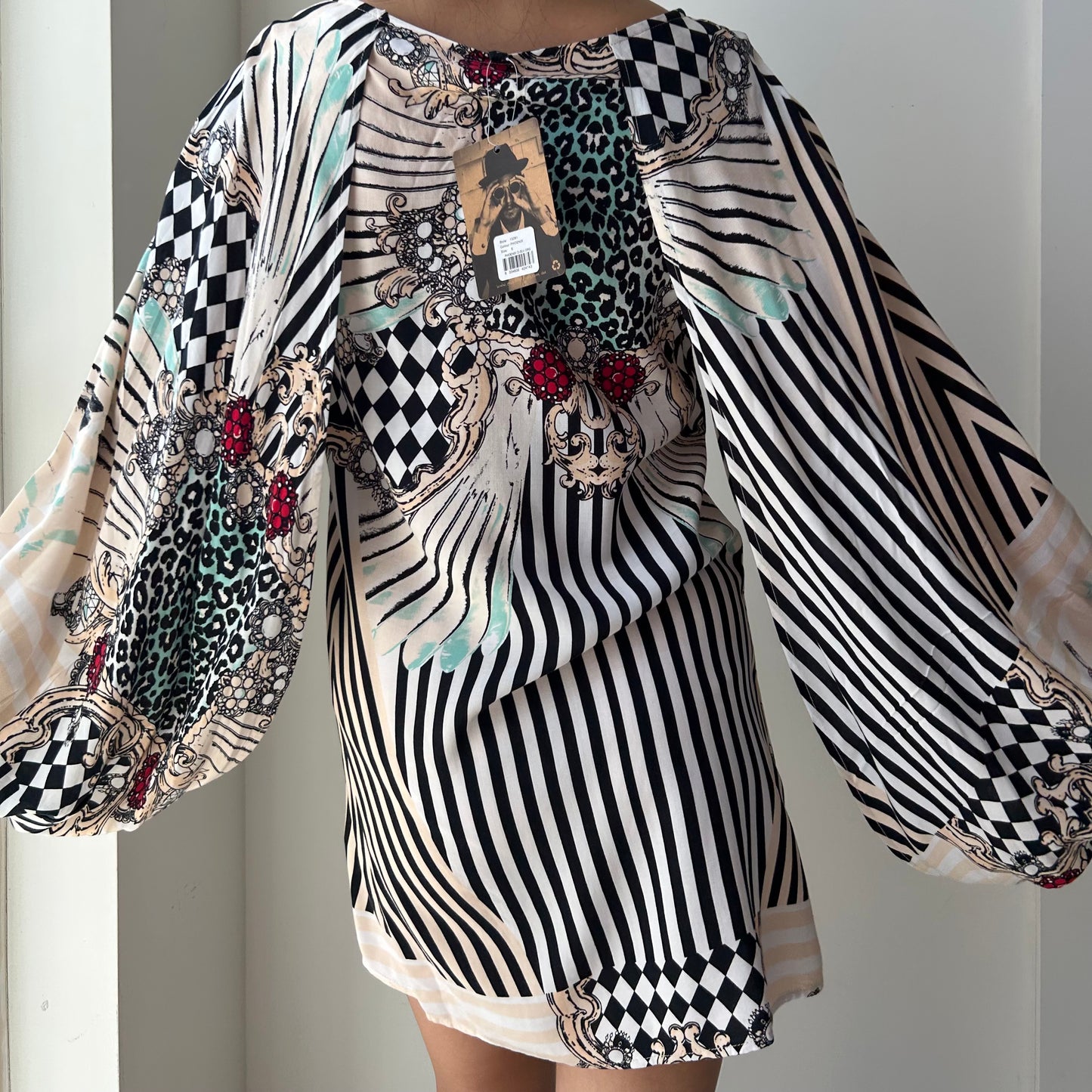 One Teaspoon Multicolor Graphic Print Balloon Sleeve Mini Dress - Small
