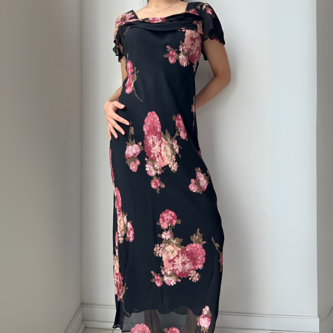 Vintage 90s Made in USA Talbots Black Floral Midi Dress - Medium