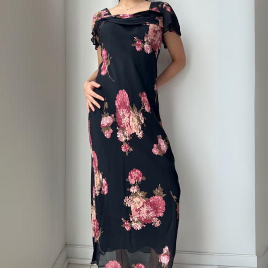 Vintage 90s Made in USA Talbots Black Floral Midi Dress - Medium