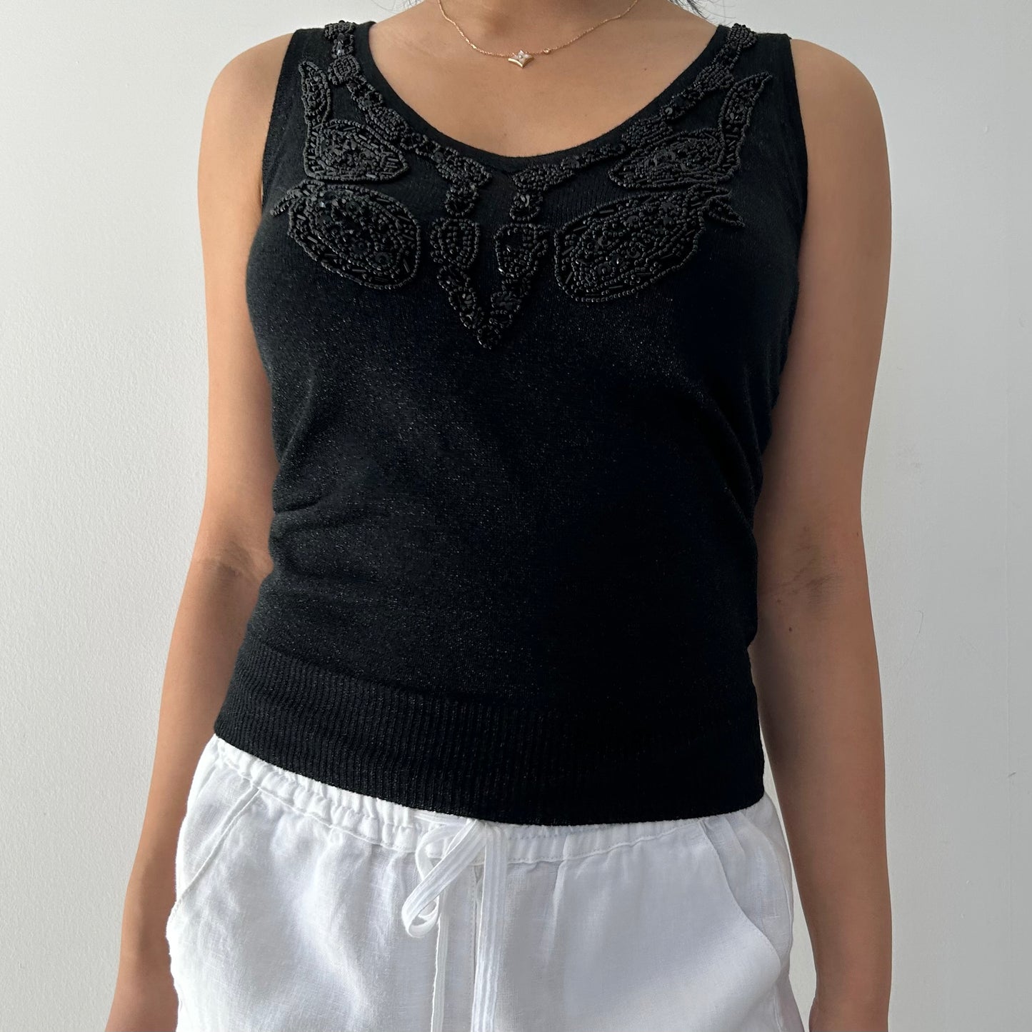 Le Château Black Beaded Sleeveless Knit Top - X-Small