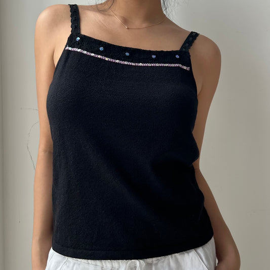 Black Embellished Square Neck Cami Top - Medium