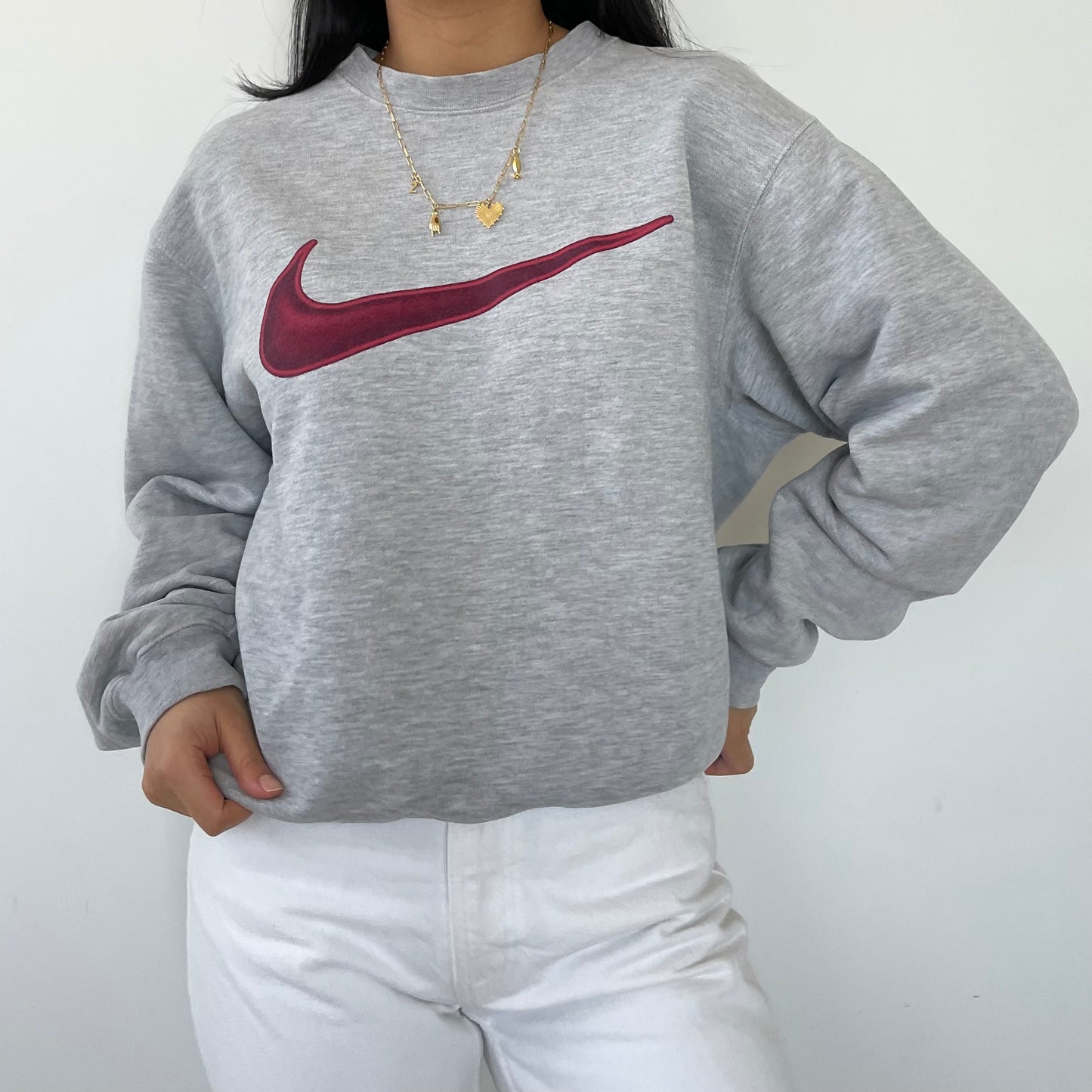 Vintage 90s Nike Grey Crewneck Sweatshirt Burgundy Swoosh - Small