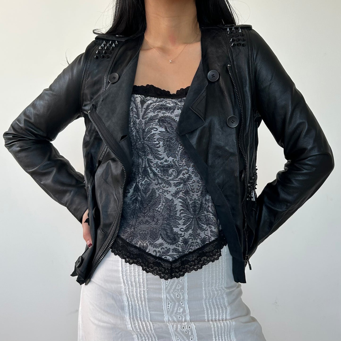 AIM Black Ruffled Leather Moto Jacket - X-Small