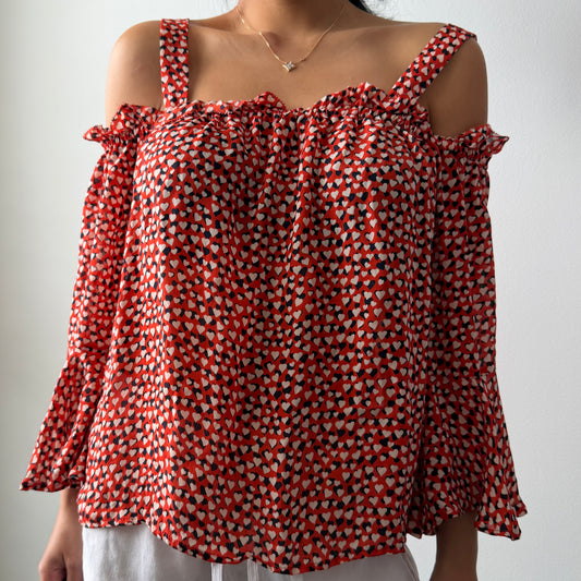 J. Crew Red Heart Print Off-Shoulder Silk Blouse - Medium