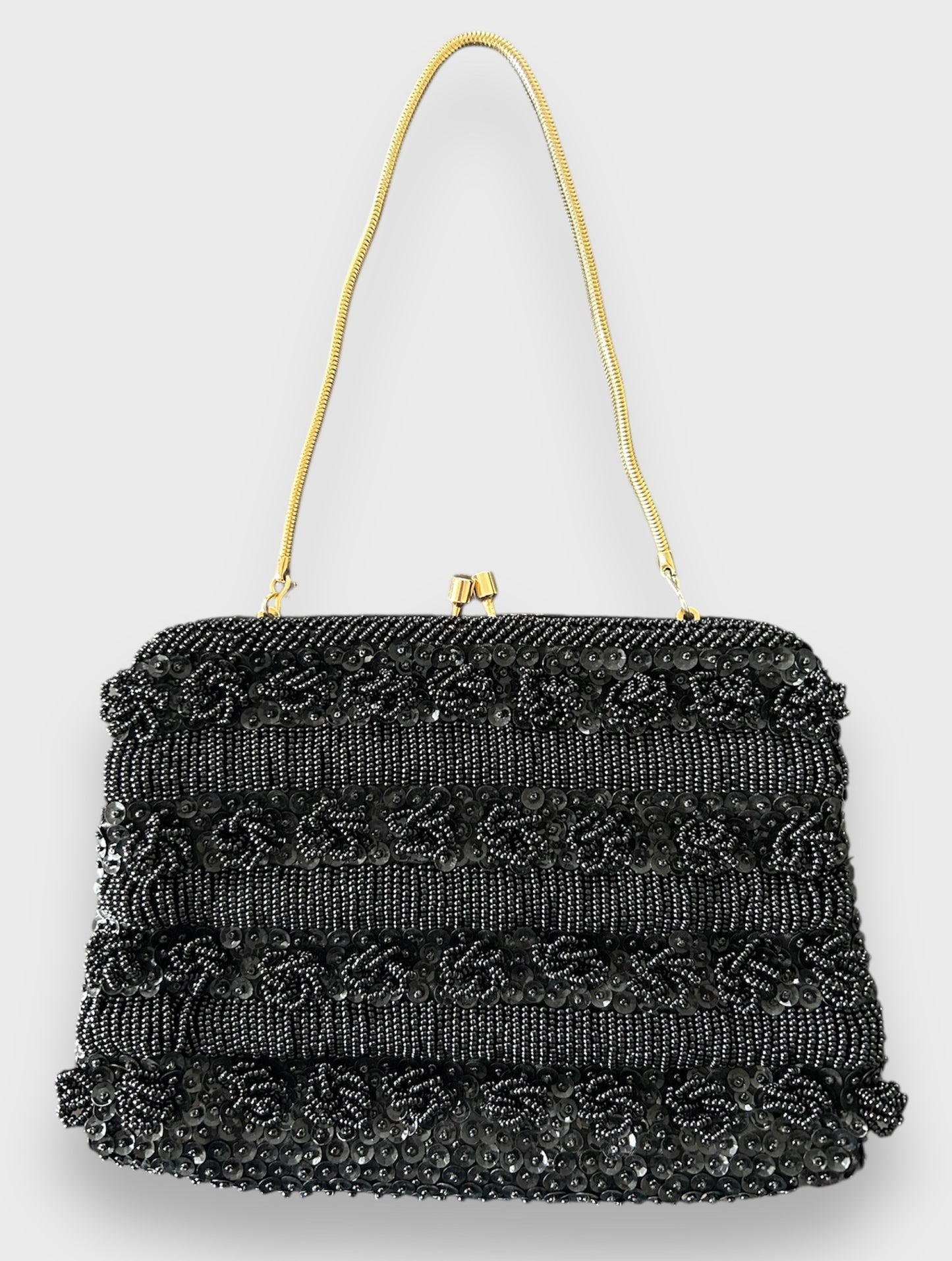 1960s Black Beaded Kiss Lock Evening Bag