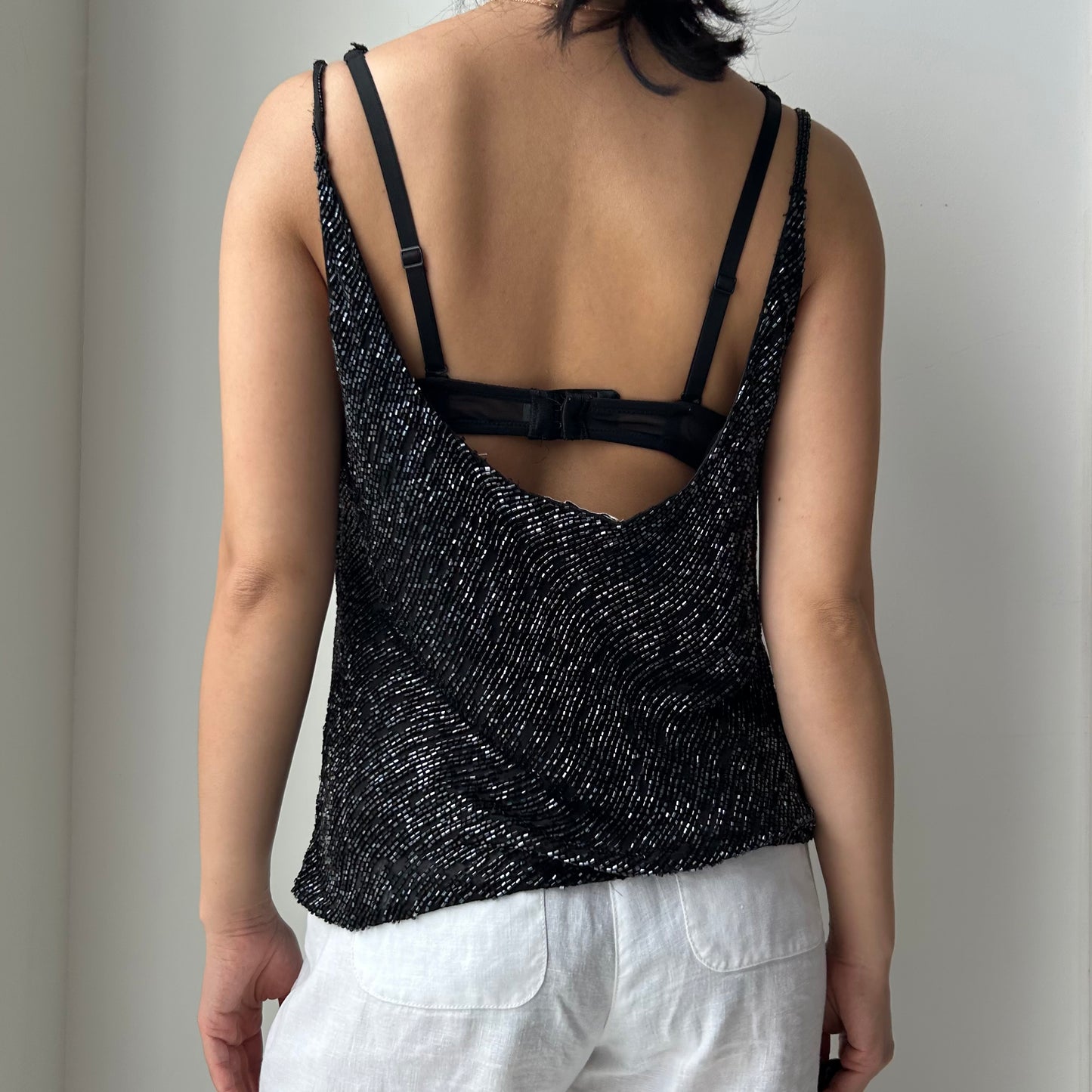Vintage Black Beaded Cowl Neck Top - Large