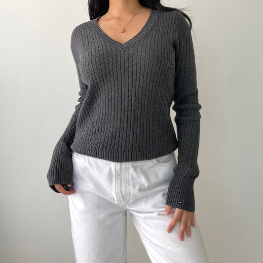 Tommy Hilfiger Grey V-Neck Cable Knit Sweater - Small/Medium