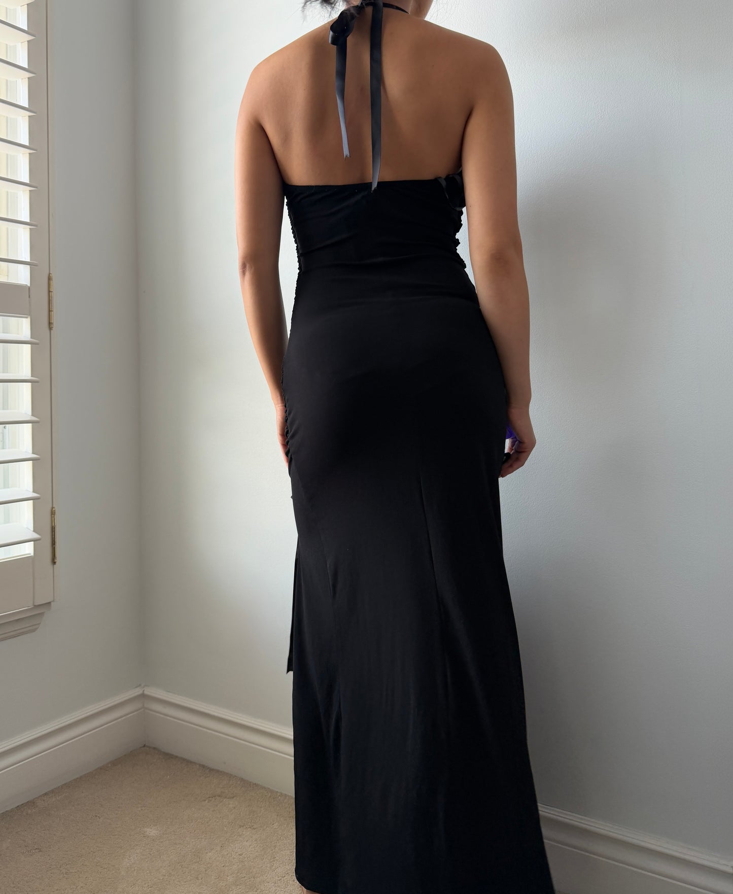 90s Made in Canada Fairweather Black Bow-Detail Halter Maxi Dress - X-Small
