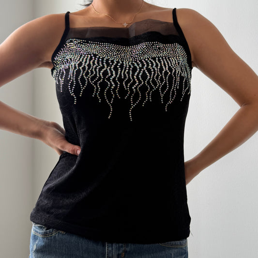 Black Mesh Embellished Tank Top - Small