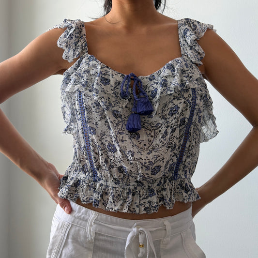 Saylor Blue and White Floral Ruffle Tank - Medium