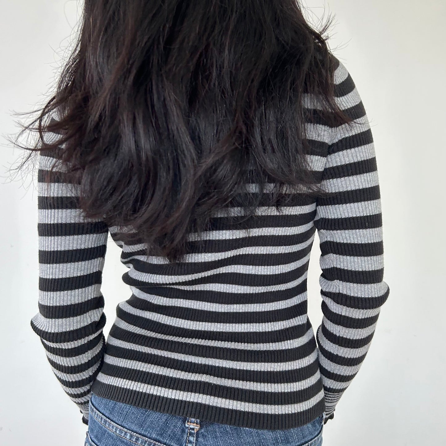 Black and Grey Striped Ribbed Knit Turtleneck Top - Medium