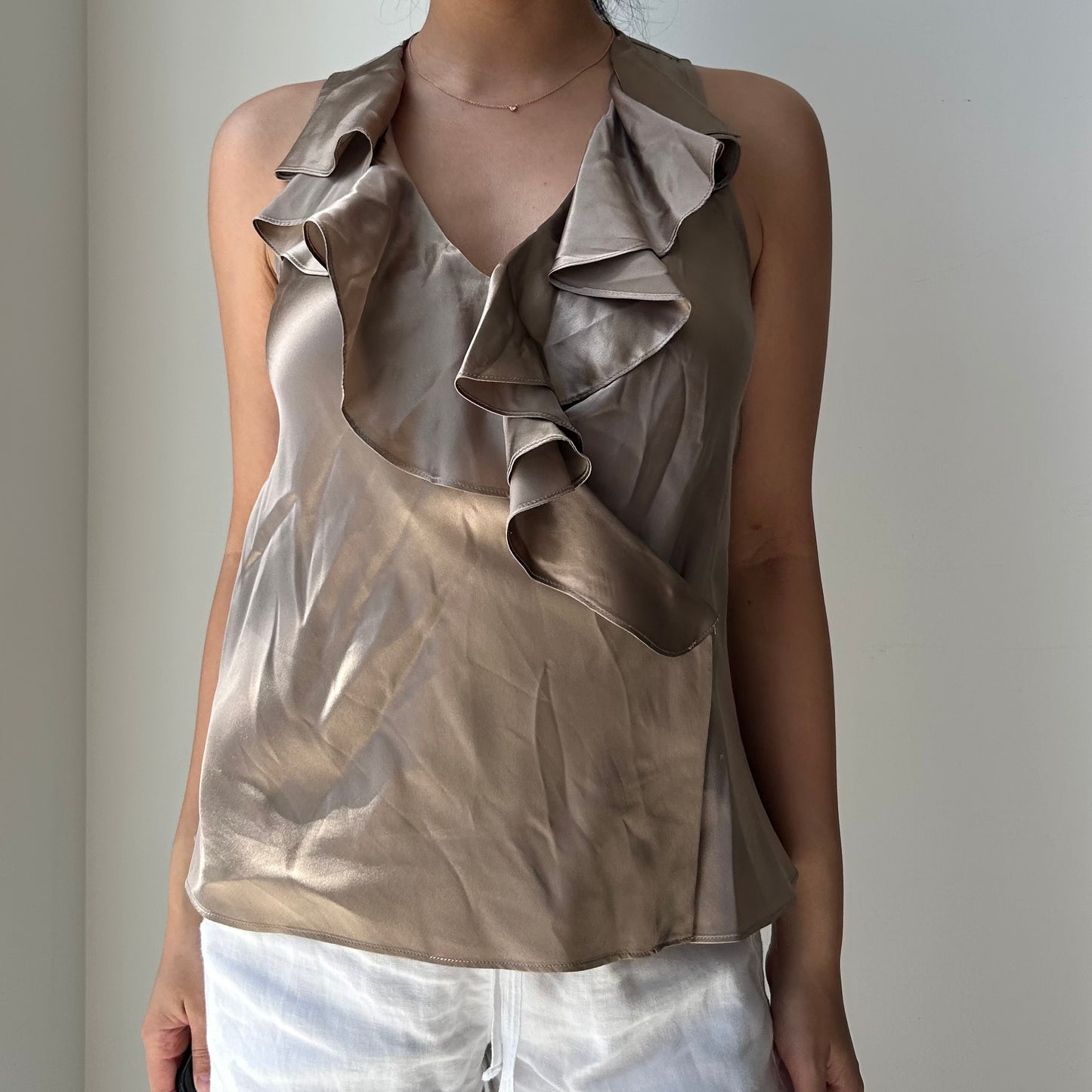 Lauren Ralph Lauren Brown Metallic Ruffle Silk Tank - Small