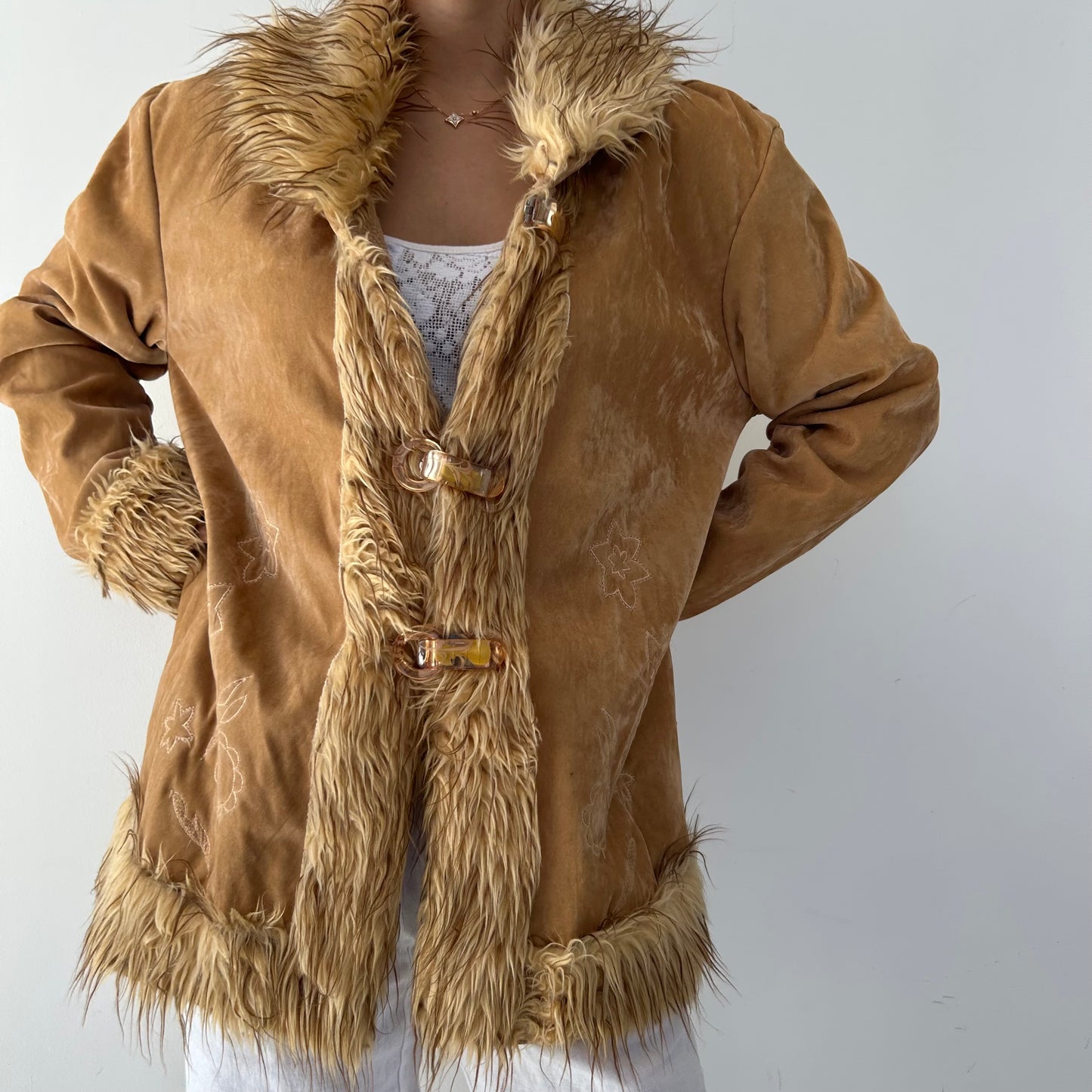 Tan Embroidered Penny Lane Coat with Faux Fur Trim - X-Large