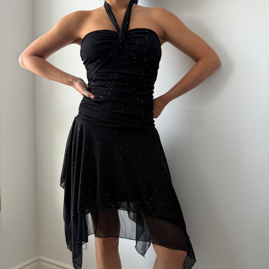 90s Made in USA Black Asymmetric Halter Mini Fairy Dress - Small