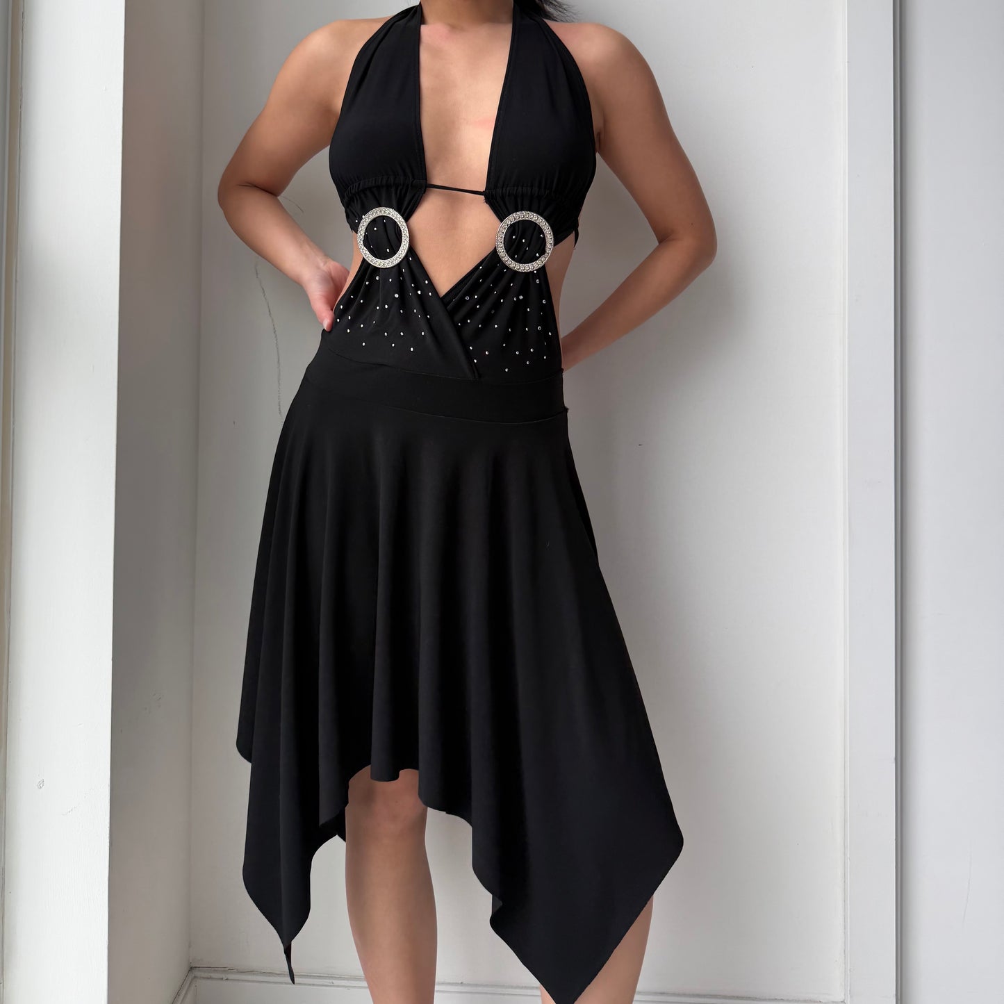 2000s Made in USA Black Crystal Ring Cutout Handkerchief Dress - Small