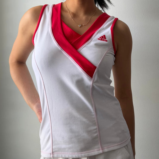 Adidas White and Red Sporty Tank Top - Small